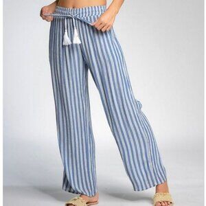 Elan White Blue Stripe Elastic Drawstring Tassel Waist Pull On Wide Leg Pants L